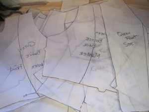 In a previous post I showed a very simple set of pattern pieces. In reality these are all the pattern pieces I made for the garment. Each time I change a line, I have to rework the pattern. the good thing about this, is that when I am done, I will have one good solid working pattern that I can use again and again.