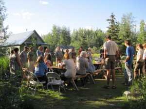 If the weather is right,we eat outside. This photo is from the Creative Cross Pollinations Workshop of 2010. I wrote about the quilt I made during that workshop.
