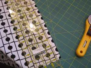 I want to isolate on row of the dots. To do this, I must cut 1/4" from away from the actual area I want to show up in my quilt. I line the 1/4" up with the black line on the fabric and begin to cut.