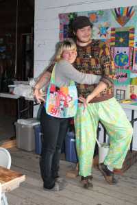 Pajama bottoms and totes--useful and fun to make. These young models look in their creations.