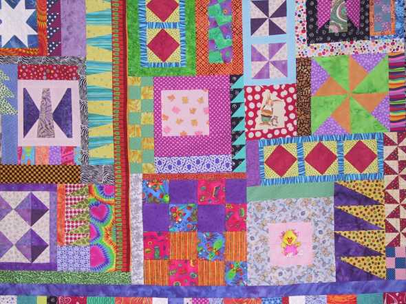 This quilts are early examples of my kitchen sink quilting. If its too big, cut it off. If it is too small, add some more fabric. It works! Really it does.